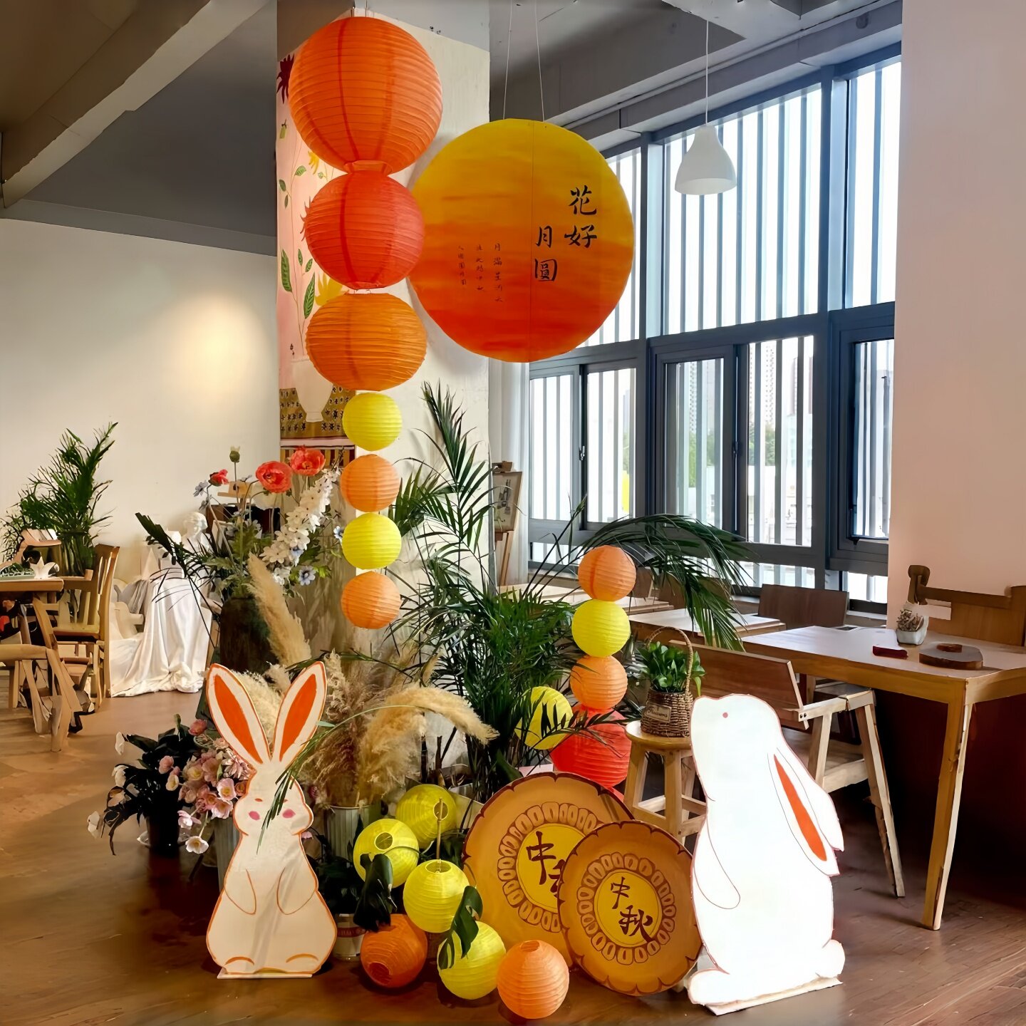 中秋节主题月饼兔子KT板纱幔套装商场展厅活动幼儿园环创布置道具