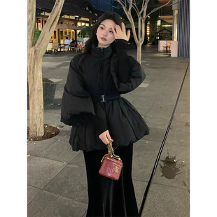 韩系黑色灯笼袖收腰棉服女冬季2024新款富家千金时尚高级感外套