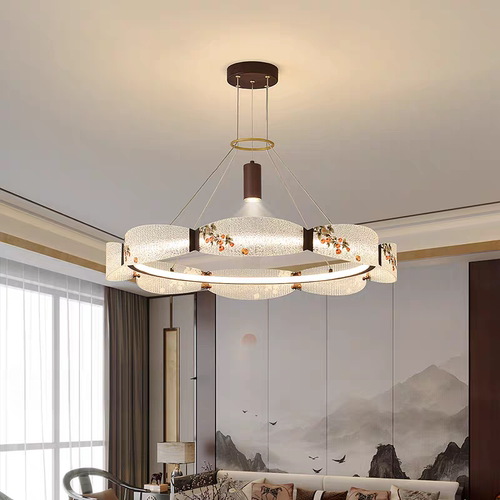 新中式客厅吊灯圆形中国风别墅大厅灯具酒店包间餐厅灯轻奢带射灯