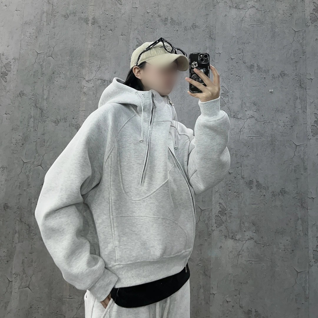 尹小鸡 秋冬加厚复古重磅500g针织斜拉链开衫连帽卫衣裤子