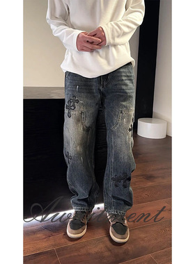 【权利与反叛—vige】25重工做旧弯刀牛仔裤街头风氧化金属长裤男