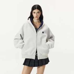 【抖音直播款】微短款撞色刺绣双拉链卫衣男女情侣连帽休闲外套