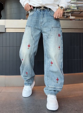 YULE语乐/25371新年元素中国结灯笼绣花福马年氛围感轻弯刀牛仔裤