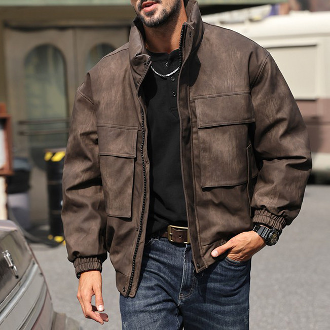 直播款硬汉男士皮衣羽绒服立领冬季保暖美式男士白鸭绒加厚夹克