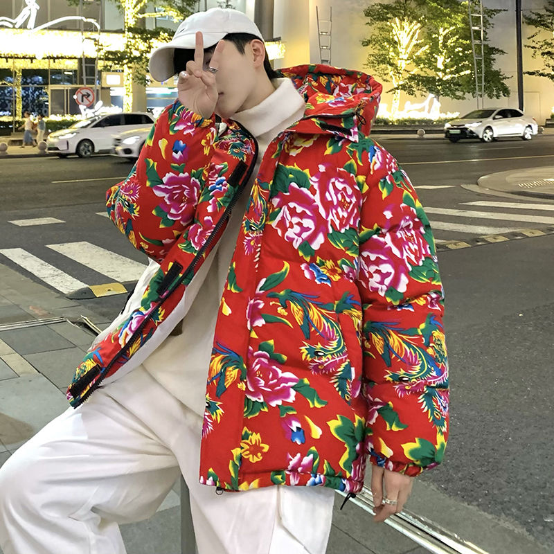 连帽加厚保暖面包服棉袄棉衣外套男女同款大码宽松东北大花潮流款