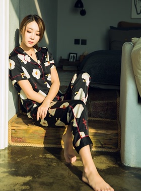 柔师羽家居服女士春夏新款对襟冰雪丝短袖长裤印花睡衣套装99200