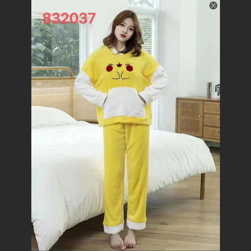 柔师羽家居服女士冬季新款连帽套头加厚水貂绒保暖睡衣套装832037