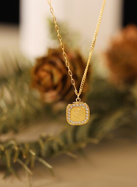 手绘玫瑰微镶方形吊坠项