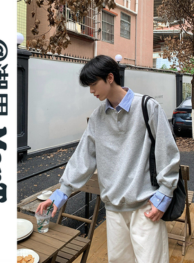 美式灰色假两件拼接衬衫领卫衣男女春秋季韩版宽松套头长袖上衣