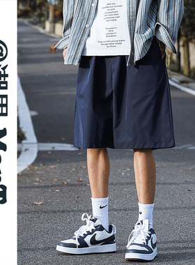 日系藏蓝色速干运动短裤男潮牌休闲宽松初中生短裤男生五分夏季薄