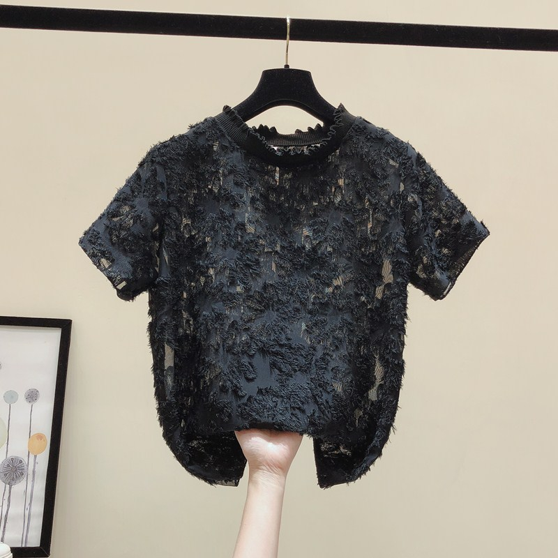 2020夏季新款韩版短袖蕾丝衫上衣女超仙小衫高档洋气很仙的雪纺衫