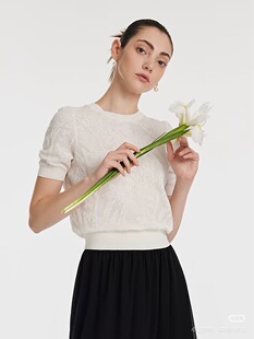 女宽松显瘦百搭上衣rc 针织衫 100%桑蚕丝2026春夏新款 圆领提花短袖