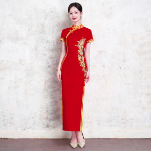 新款回娘家活动旗袍修身夏季短袖金花外嫁女庙会祭祖蕾丝表演礼仪