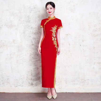 新款回娘家活动旗袍修身夏季短袖金花外嫁女庙会祭祖蕾丝表演礼仪