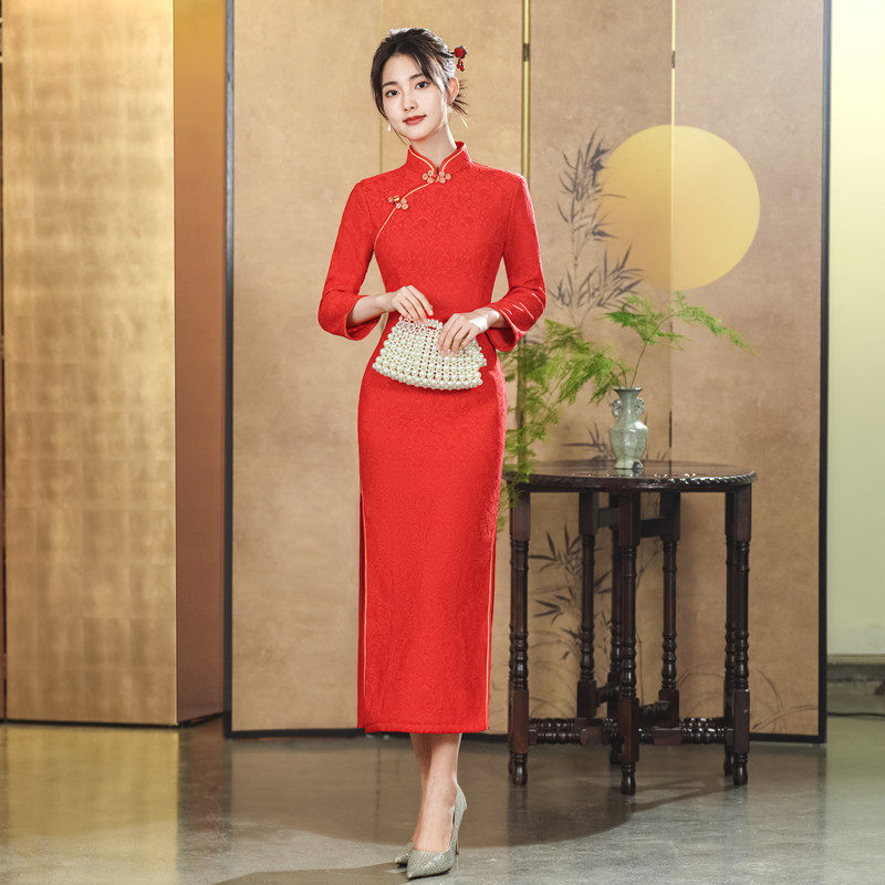 加绒长旗袍回娘家精红缘复古旗袍
