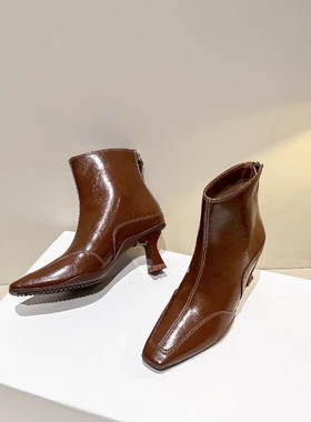 （清仓）秋冬加绒小矮跟气质时尚黑色瘦瘦靴方头秋季小粗跟短靴