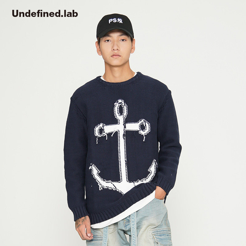 套头毛衣海军风重磅粗棒针织