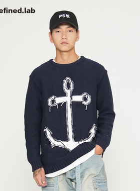 【断码清仓特价款】潮流海军风船锚图案重磅粗棒针织套头毛衣