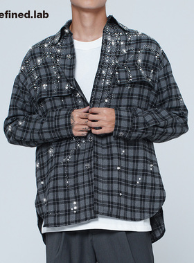 Undefined高街纯手工钉钻满天心水钻骚气轻奢潮牌休闲衬衫