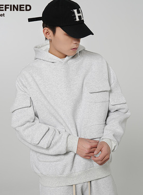undefined高街多口袋设计连帽重磅拉毛浅麻灰廓形卫衣inst潮牌