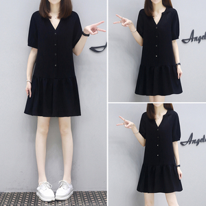 欧洲站新款韩版黑色休闲显瘦连衣裙女2023夏装宽松短款a字裙子天