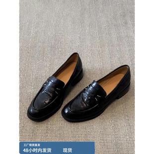 小皮鞋 女英伦通勤百搭单鞋 覆古真皮圆头粗跟一脚蹬乐福鞋 羊皮版