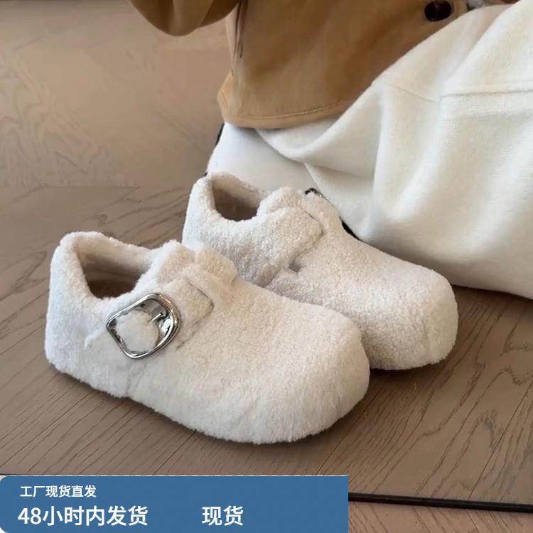 内增高秋冬保暖加绒毛毛勃肯鞋女一字扣深口厚底小个子乐福鞋单鞋