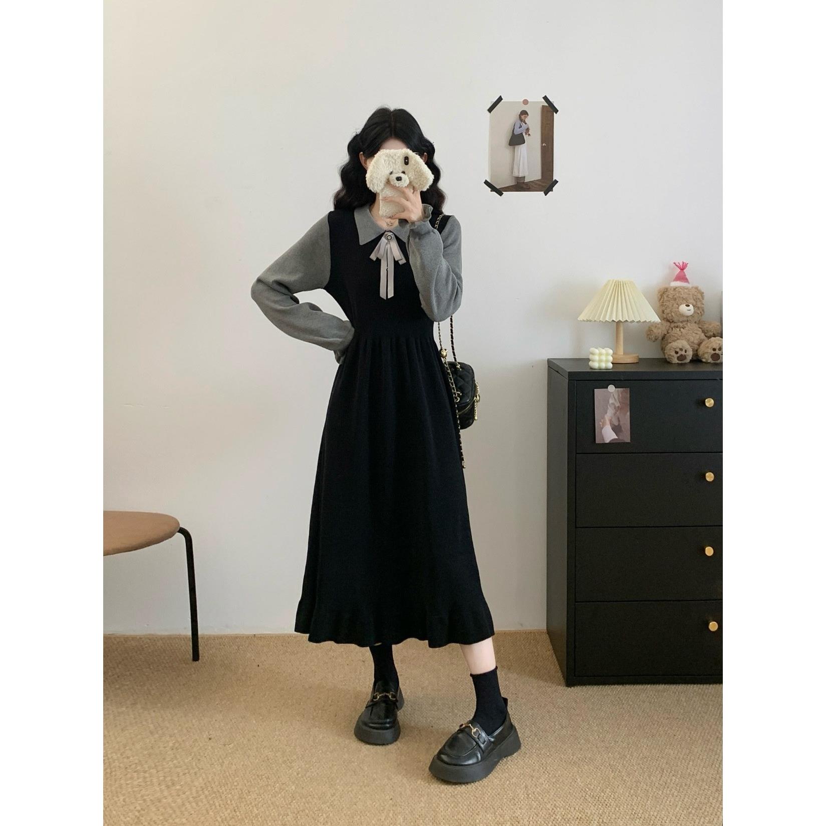 高级感黑色长袖连衣裙女2025秋冬大码胖mm覆古减龄巨显瘦针织长裙