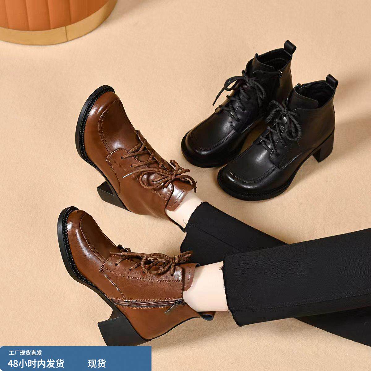 英伦风真皮马丁靴女冬季圆头系带短靴粗跟软底高帮乐福鞋2025新款