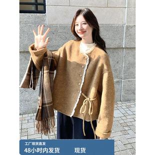 黄色蕾丝边双面毛呢外套女冬季今年流行高级感小个子短款呢子大衣