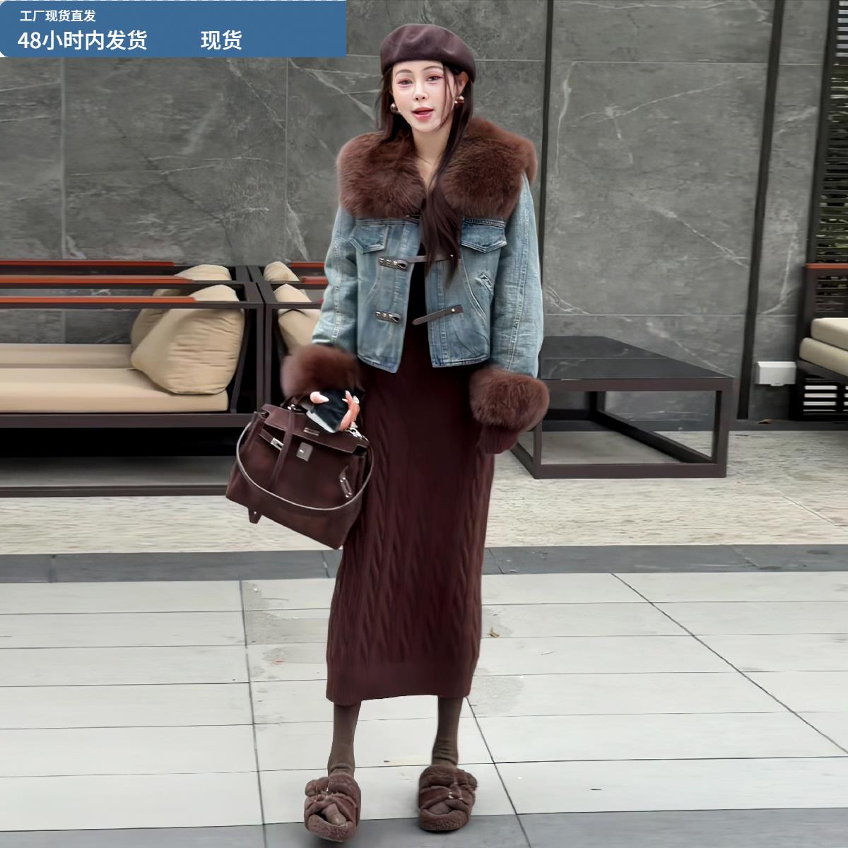 复古皮毛一体牛仔派克服女2025冬新款大毛领毛袖羽绒内胆保暖上衣