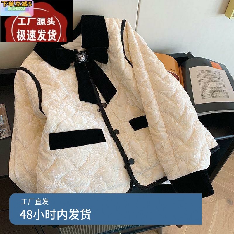 拼色蝴蝶结丝绒夹棉棉服女冬季2024新款名媛甜美保暖气质棉衣外套