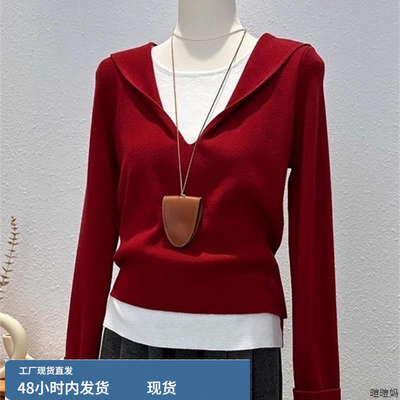 设计感拼接长袖针织衫女秋冬时尚百搭显瘦小衫别致连帽假两件上衣
