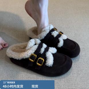 覆古皮带扣圆头一脚蹬毛毛拖鞋2025秋冬新款低跟半包毛绒博肯鞋女