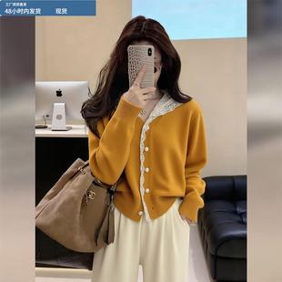 蕾丝拼接连帽针织开衫女2025冬季新款巨好看的内搭可外穿短款毛衣