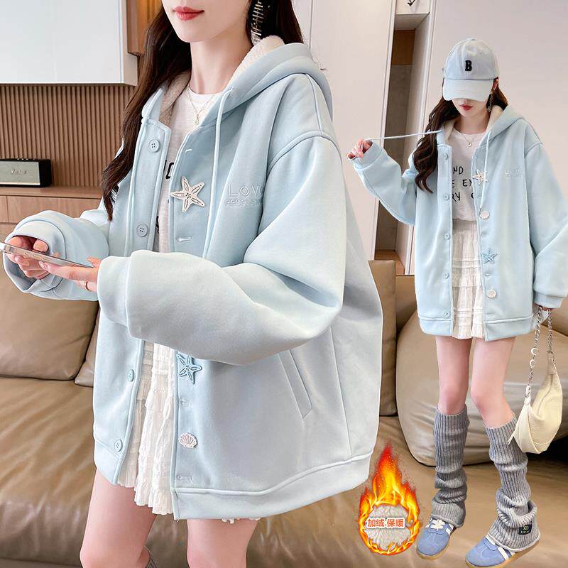 加绒加厚学院风外套少女2025秋冬新款宽松初高中学生连帽卫衣棉服