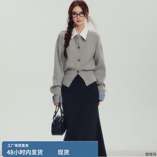 領針織開衫 韓版 學院風格 子拼接假兩件拼接襯衫 灰色毛衣 女秋冬新款