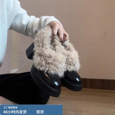 厚底增高7cm复古毛毛鞋女2025秋冬新款加绒高跟棉鞋玛丽珍小皮鞋