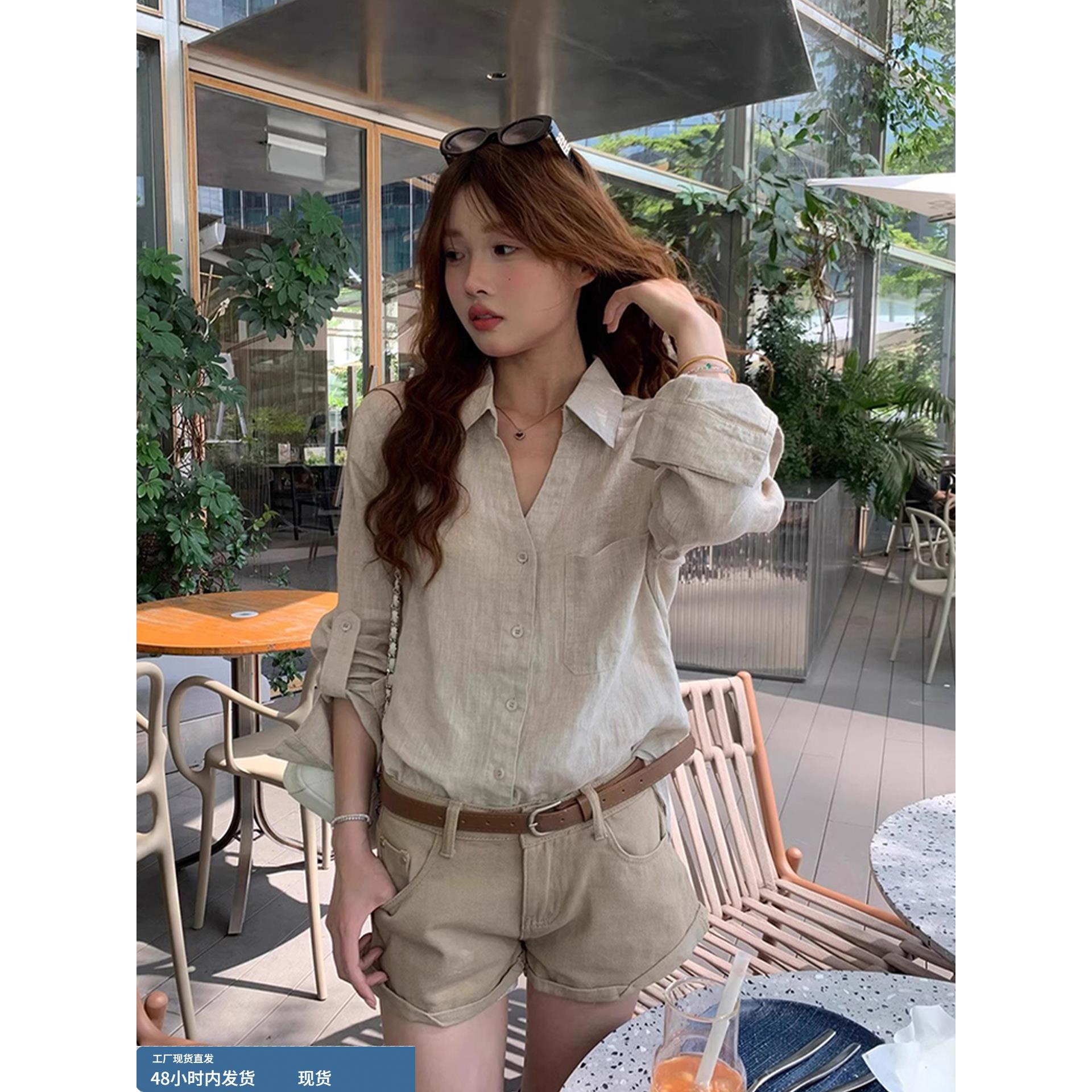 覆古棉麻长袖衬衫女夏季薄款小个子v领防晒衬衣宽松休闲亚麻上衣