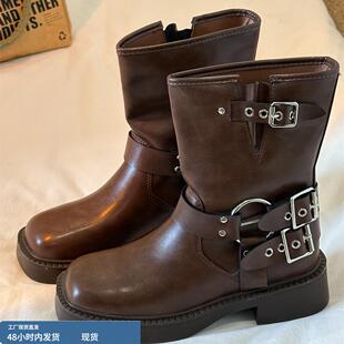 旺仔是条狗英伦风粗跟马丁靴女ins潮2024新款复古西部厚底骑士靴