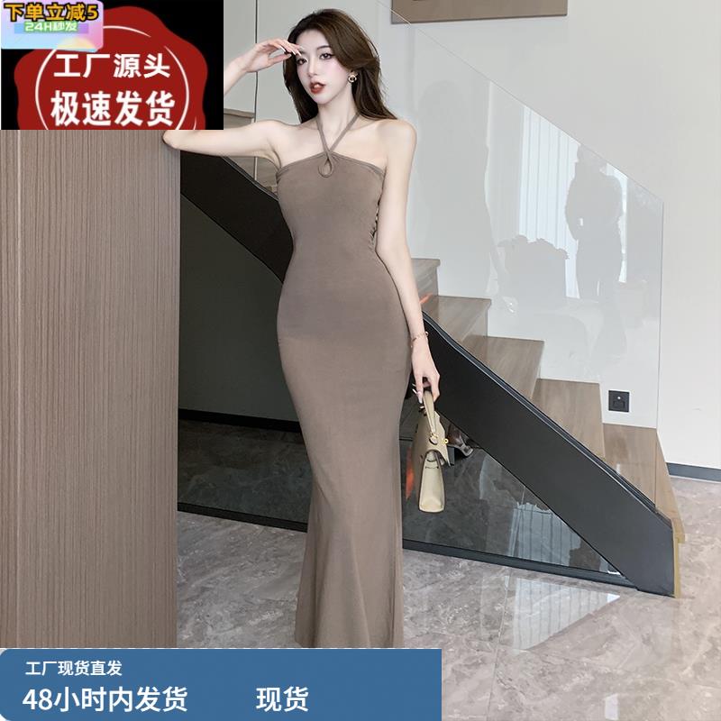 广州十三行女装爆款连衣裙2025年春夏新款时尚法式赫本风挂脖长裙