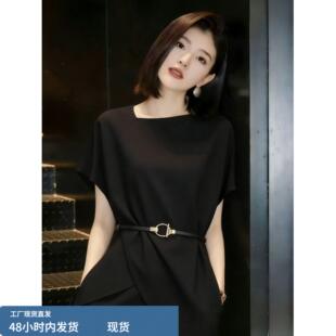 真丝女士高级感黑色不对称上衣女夏季收腰显瘦气质通勤短袖雪纺衫