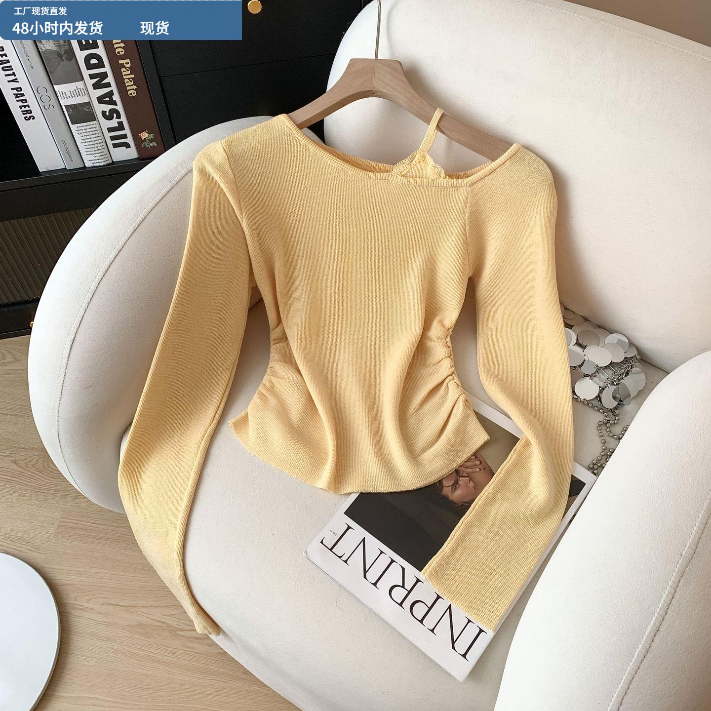 纯欲风甜美气质斜领露肩针织衫女秋季新款法式不规则修身打底上衣