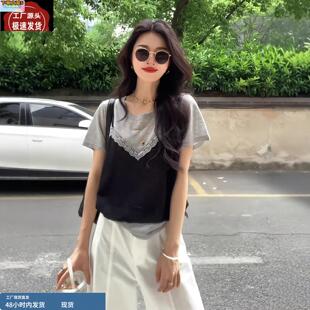 韩系黑色花边v领假两件吊带短袖t恤女夏季设计感短款宽松别致上