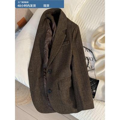深棕色港风覆古人字纹毛呢西装外套女秋冬季夹棉保暖百搭西服上衣