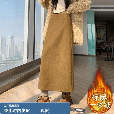 毛呢半身裙子女士春秋冬季2025年新款加绒加厚直筒包臀a字中长裙