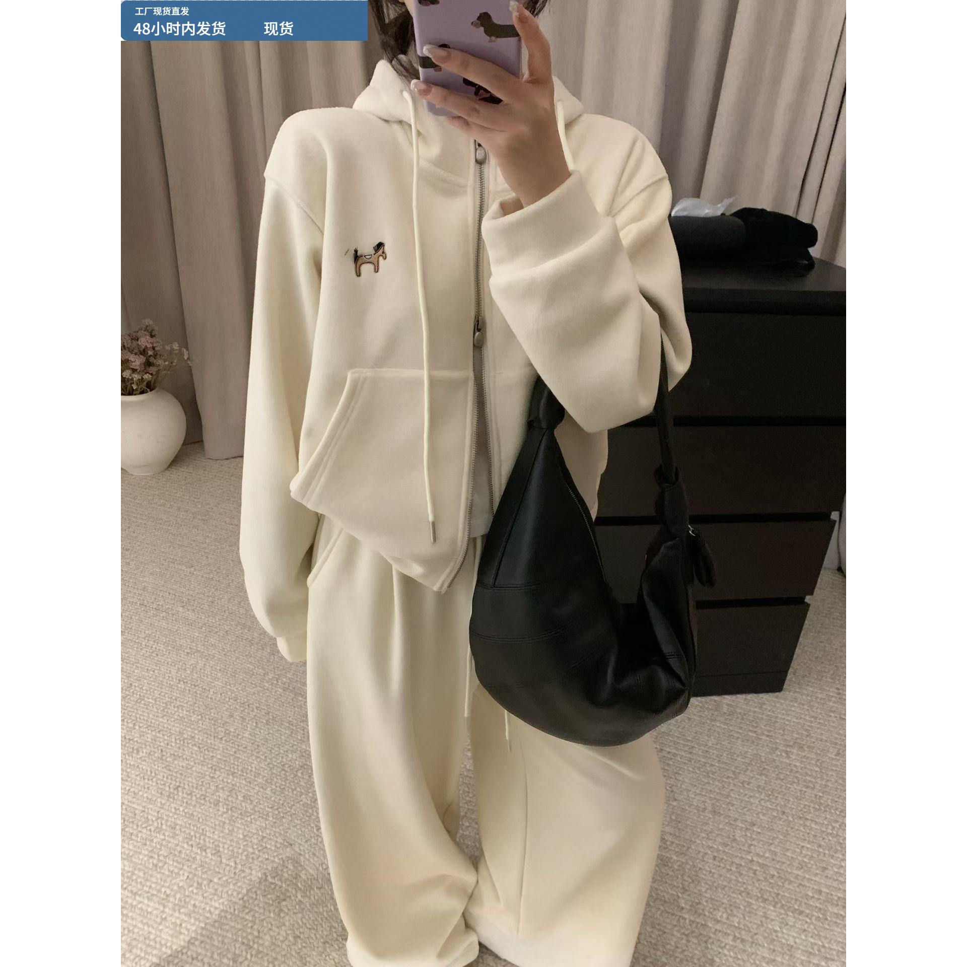 韩系加绒加厚连帽卫衣外套+阔腿裤两件套女冬季遮肉显瘦时尚套装