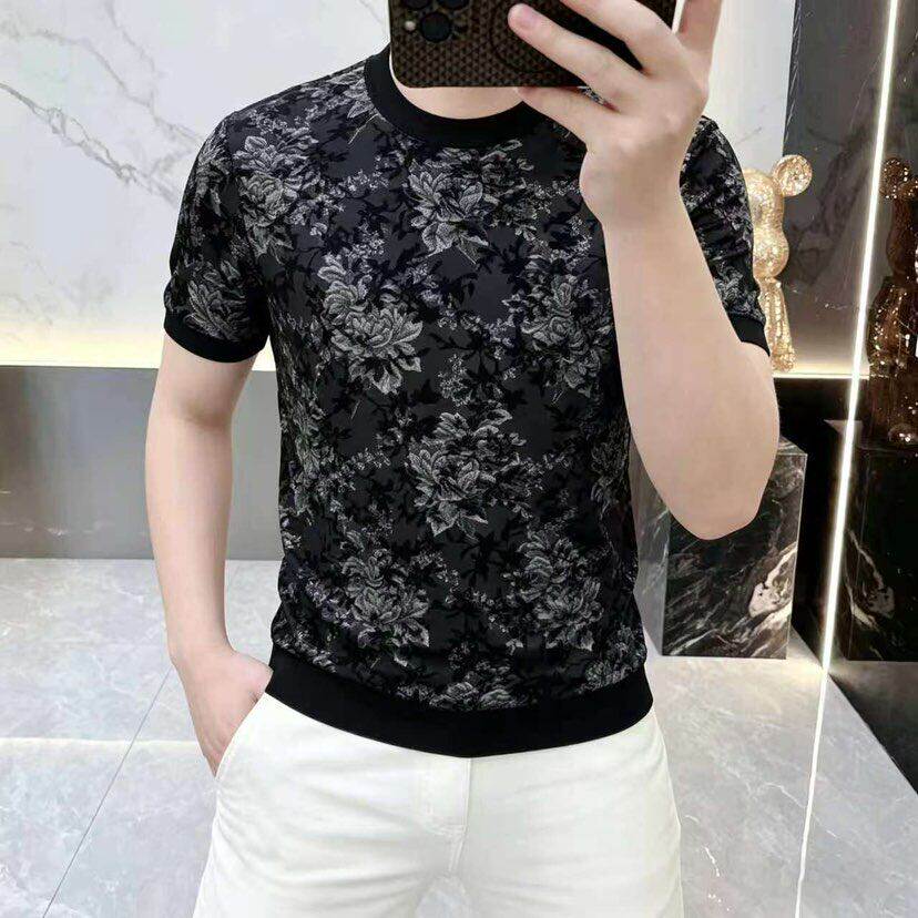 【轻奢时尚】夏季新款男士圆领短袖T恤休闲植绒印花半袖体恤上衣