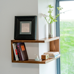 墙角转角置物架侘季风客厅实木中古风搁板几何方框创意阳角收纳架