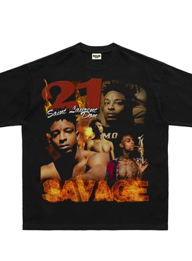 21savage人像复古vintage嘻哈HIPHOP短袖宽松说唱复古T恤饶舌Tee